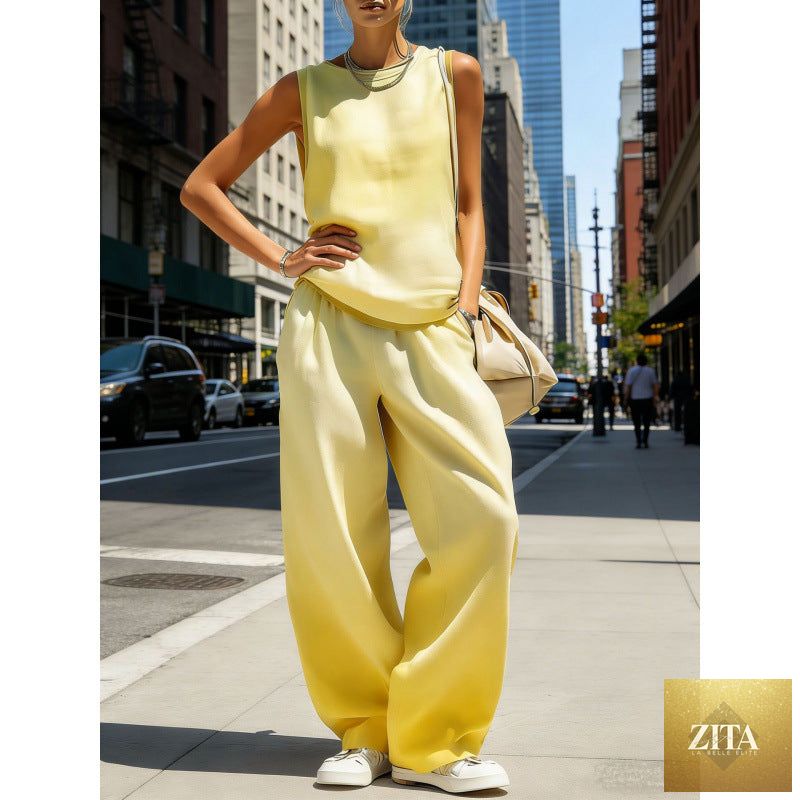 Zita La Belle Elite women's sleeveless cardigan top and matching pants casualwear two-piece set, stylish and comfortable outfit.
