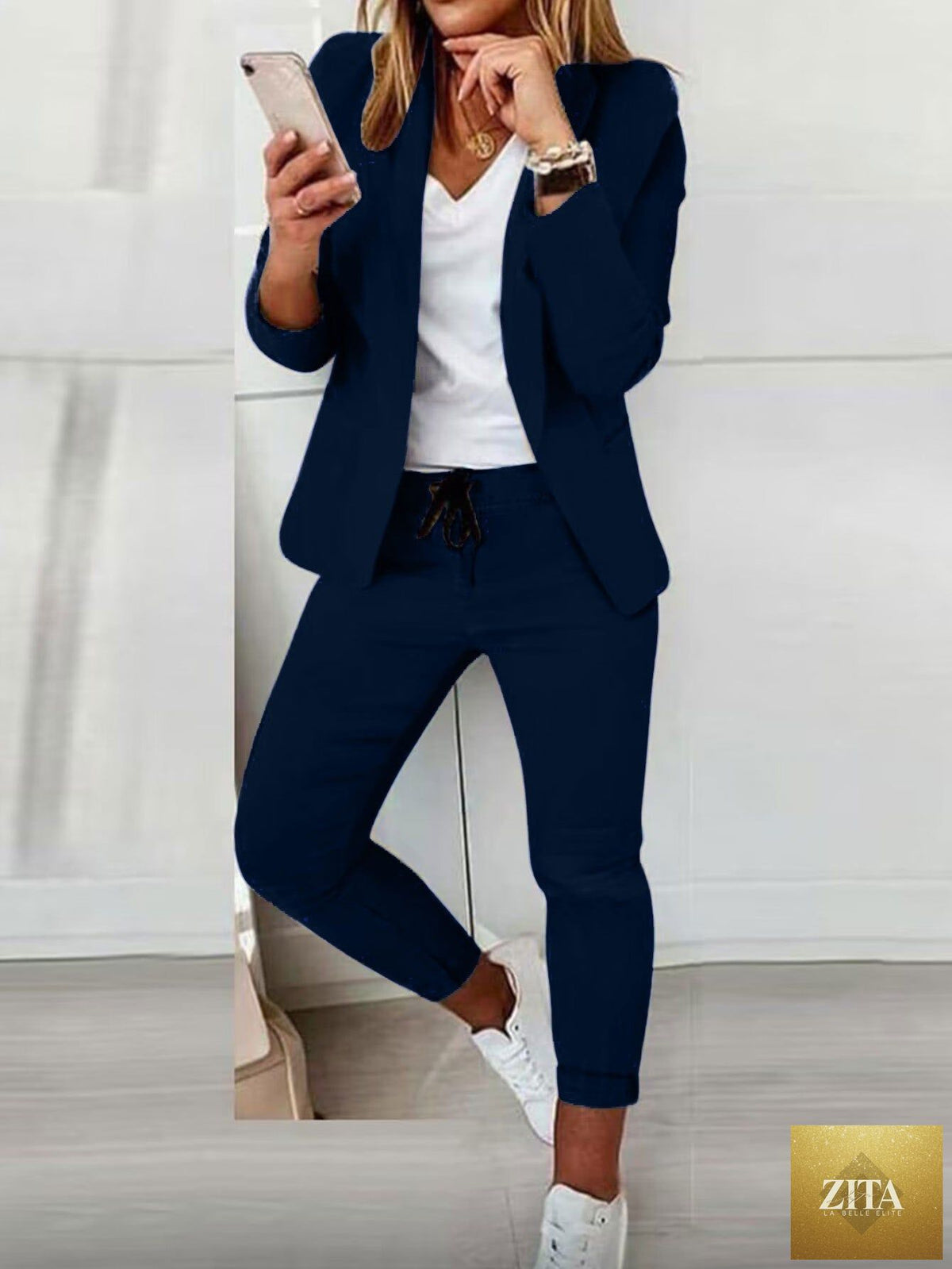 FitiqueFit lapel blazer and drawstring trousers two-piece suit in various colors, stylish and versatile for professional wear.