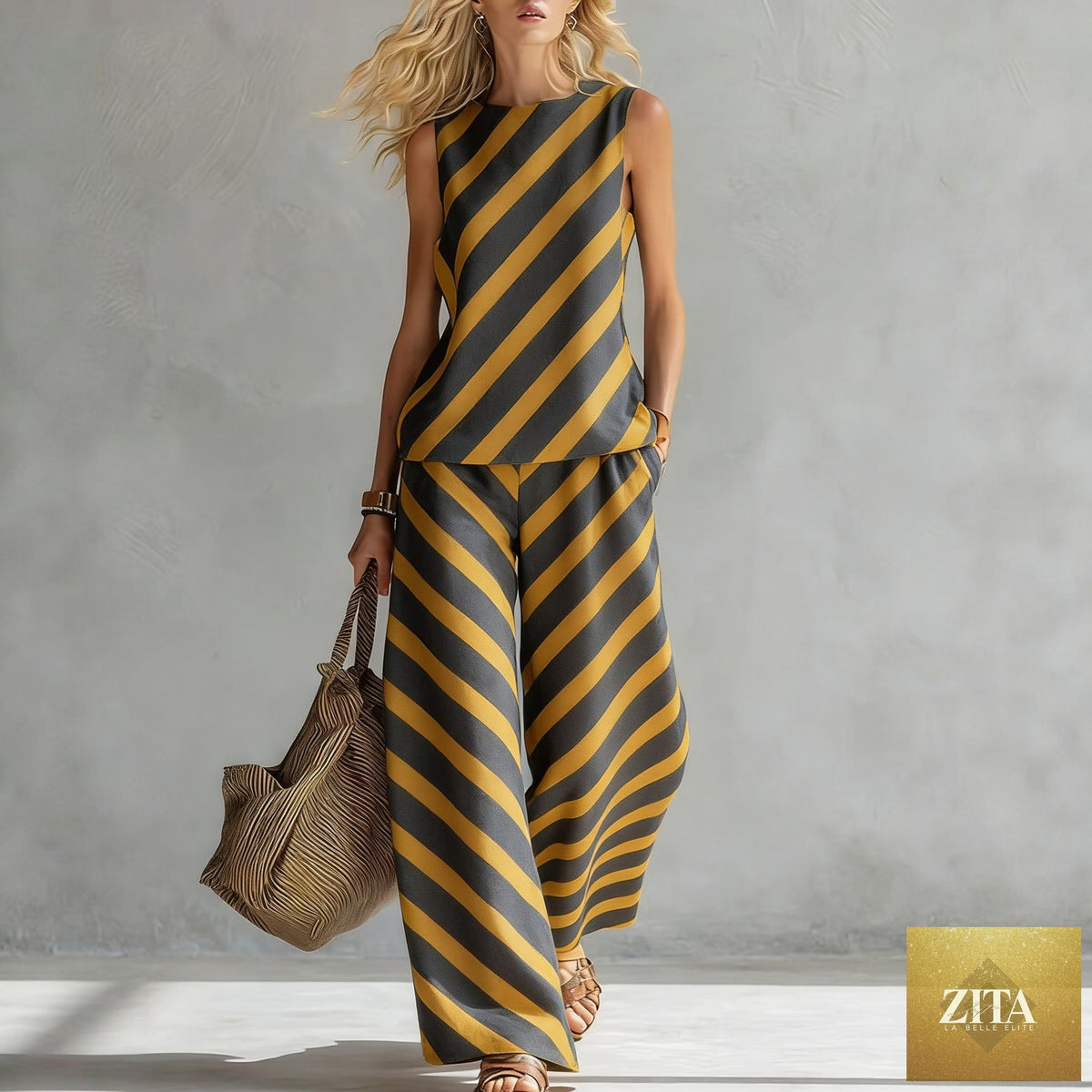 Women's sleeveless printed tank top and wide-leg pants two-piece casualwear set by Zita La Belle Elite, shown on a model.