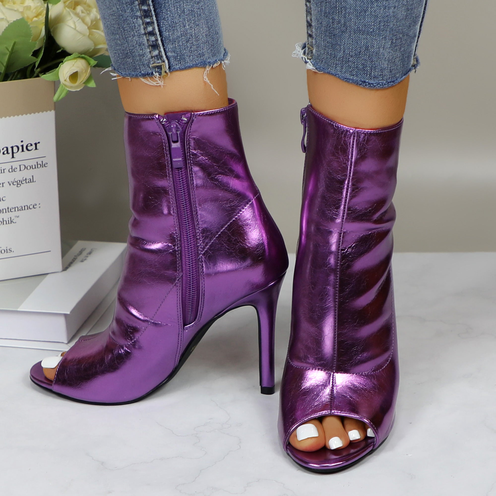 Shiny metallic stiletto boots for women with a sleek design, perfect for dance parties, from Trendy Attic Store01.
