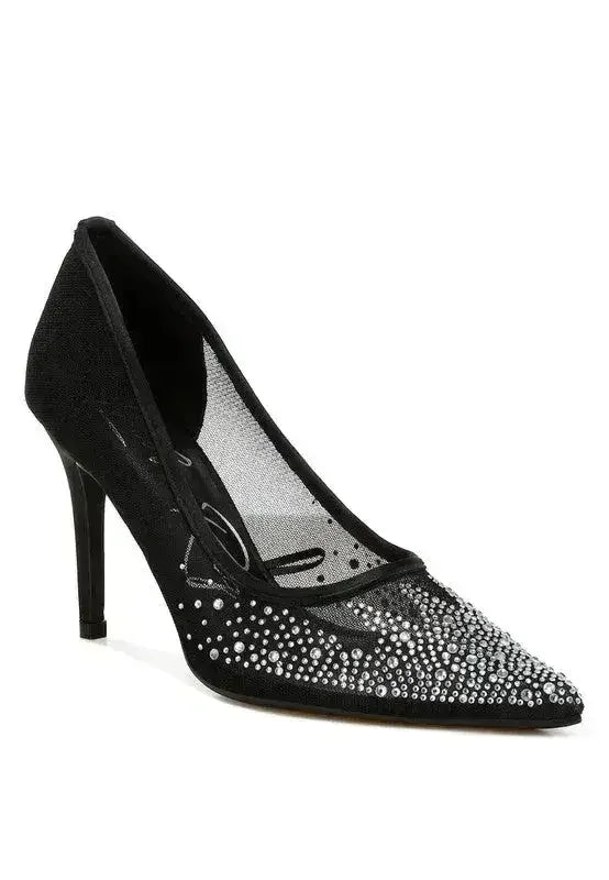 Femstylo high ball mesh rhinestone stiletto pumps with pointed toes and elegant design, perfect for stylish evening wear.