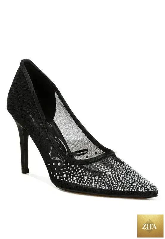 Zita La Belle Elite high ball mesh rhinestone stiletto pumps with pointed toes and sparkling embellishments.
