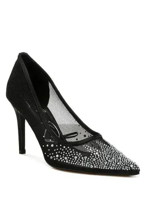 Femstylo high ball mesh rhinestone stiletto pumps with open toes and sparkling embellishments, showcasing elegant heel design.