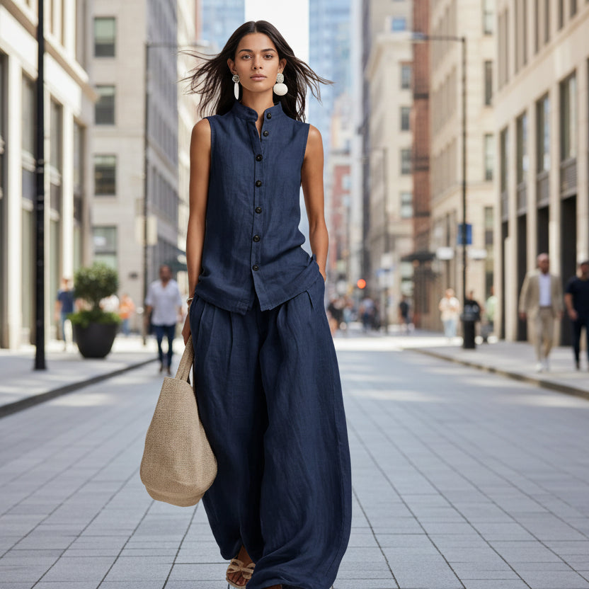 Women's casual sleeveless top with stand collar and high-waist wide-leg pants set by FitiqueFit, featuring a stylish and comfortable design.