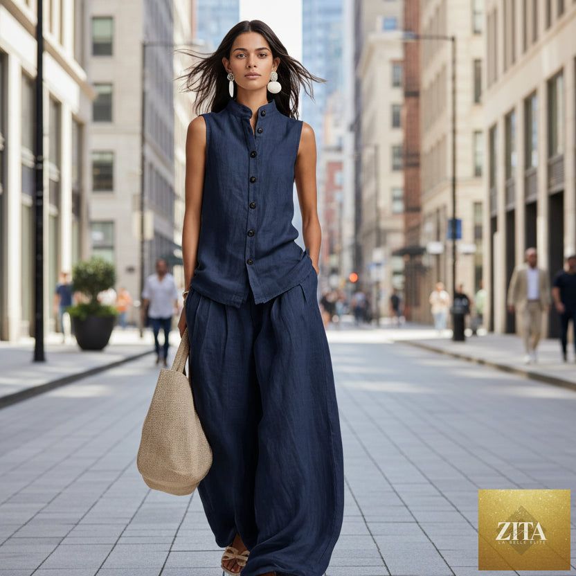 Women's casual sleeveless top with stand collar and high-waist wide-leg pants set by Zita La Belle Elite, shown in neutral fabric.