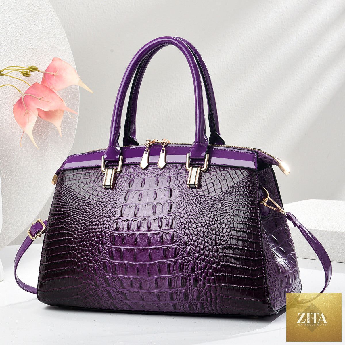 Elegant genuine leather commuter handbag with large capacity, European and American style, featuring patent leather finish.