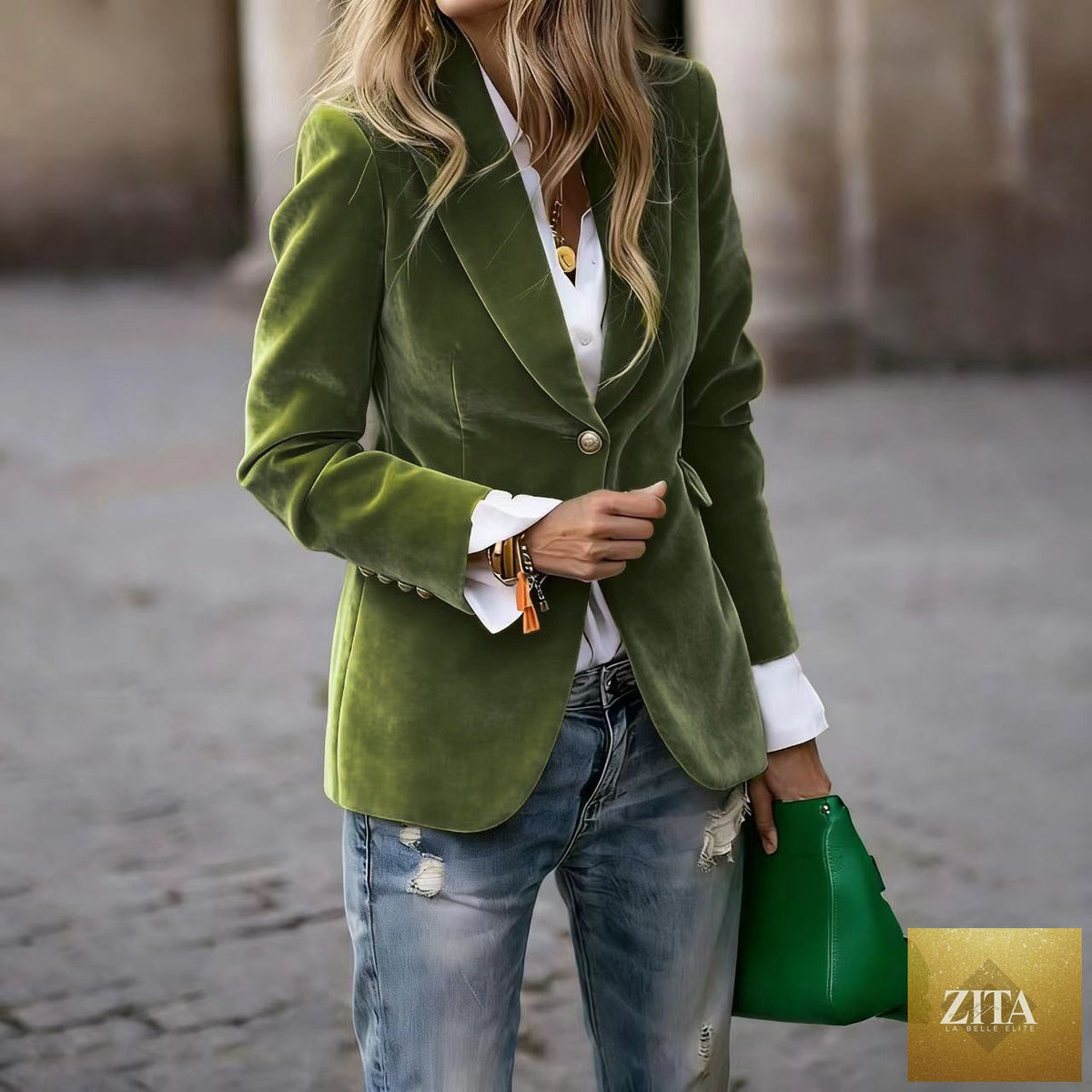 Women’s slim-fit notch-lapel blazer by FitiqueFit, shown in casualwear style, with tailored fit and classic lapel design.