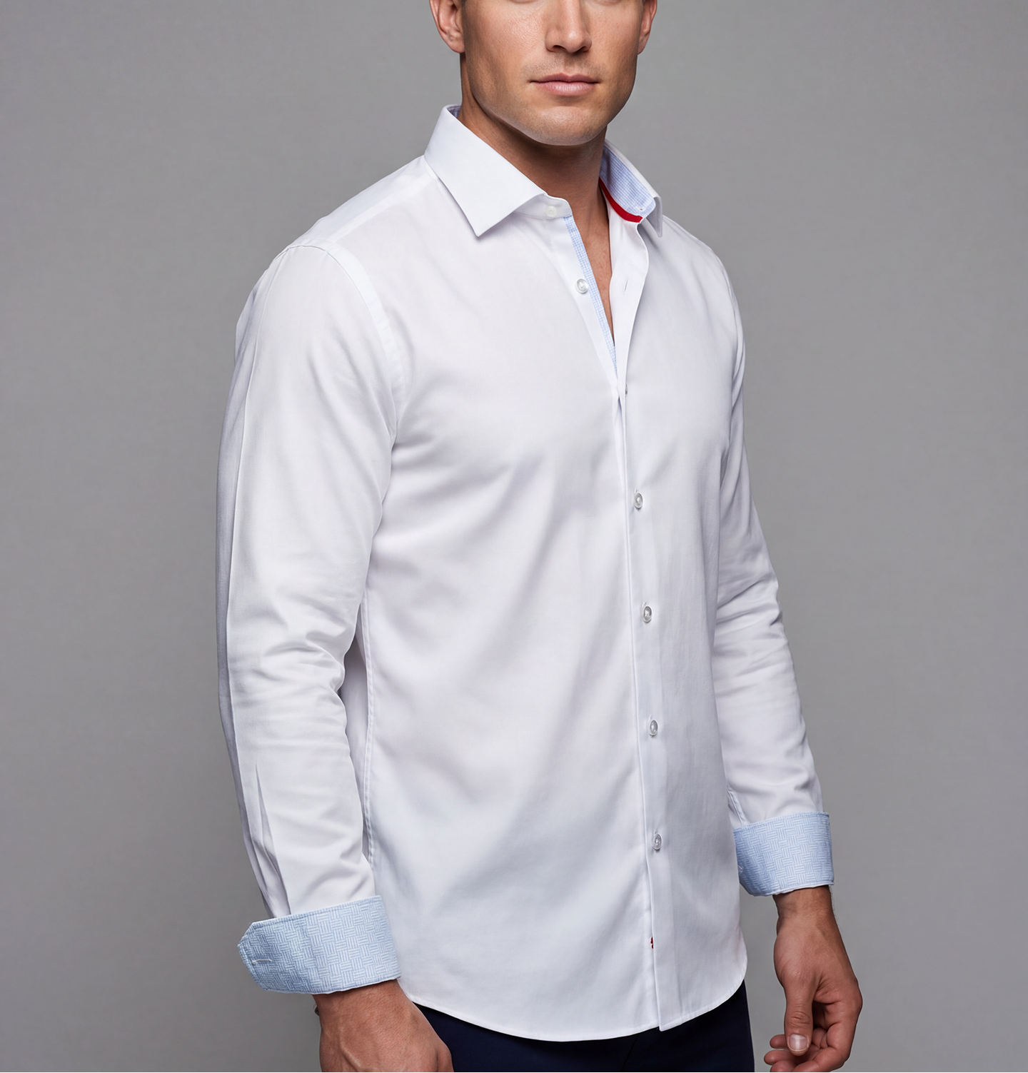 White Kenneth cotton knit-stretch button-up shirt with contrast details and tailored fit, from LEVINAS® Official.