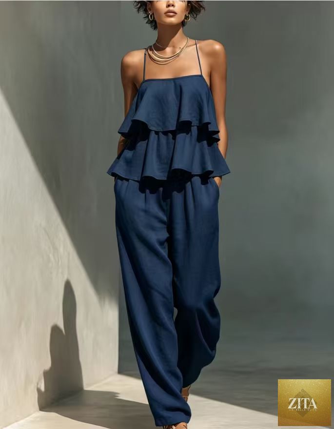 Women's sleeveless camisole top and casual pants set by Zita La Belle Elite, shown in a relaxed, stylish casualwear outfit.