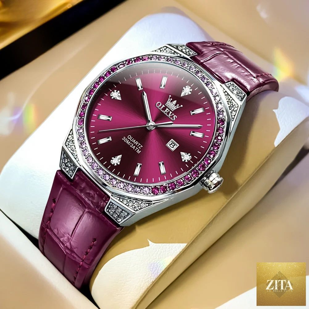 Women’s rose gold luxury leather strap watch with crystal bezel by BandsCo Straps, featuring a sleek, elegant design.