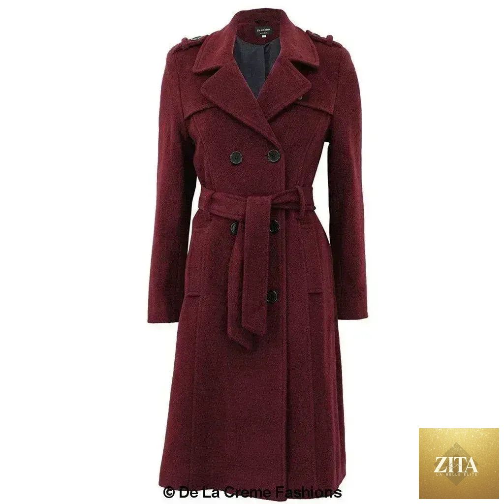 Women's wool and cashmere blend military coat by Femstylo, British-made jacket with classic design and tailored fit.