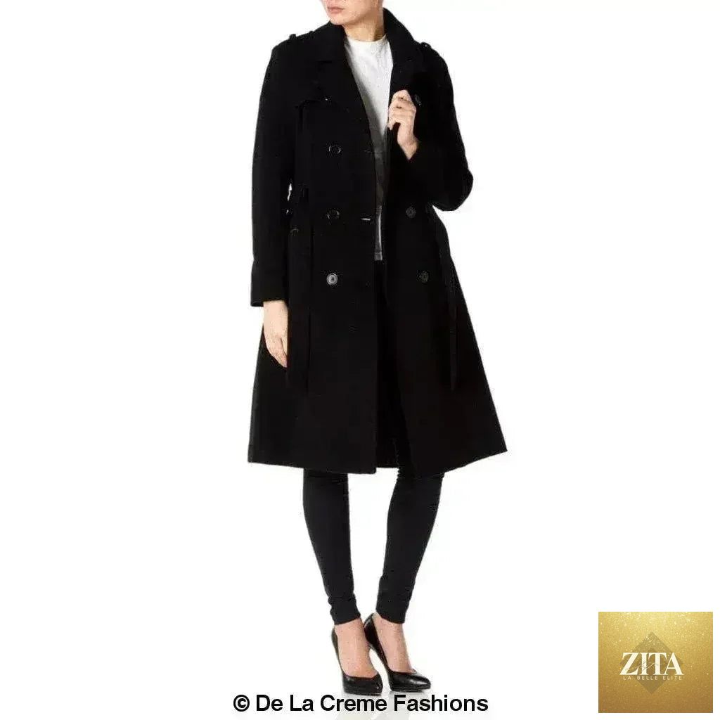 Women's wool and cashmere blend military coat by Femstylo, British-made, featuring a tailored design and classic military style.