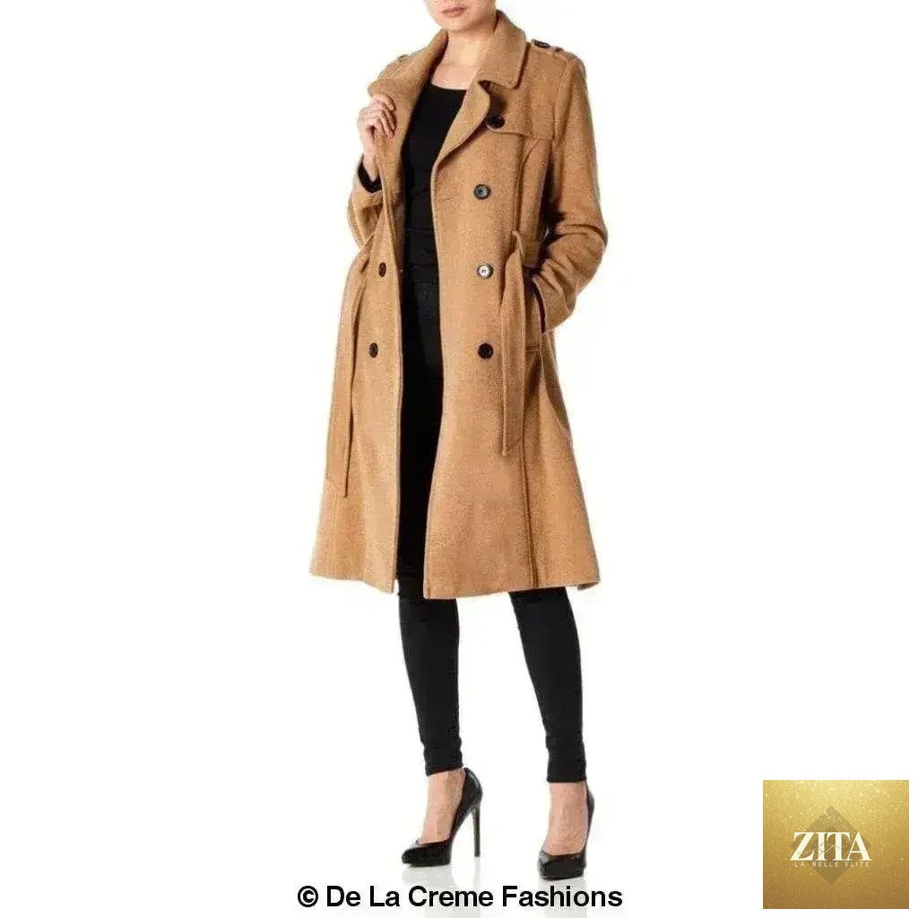 Women's wool and cashmere blend military coat by Femstylo, British-made jacket with tailored collar and button details.