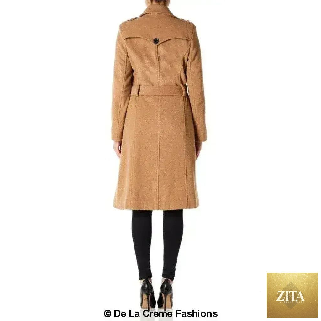 Femstylo women's wool cashmere blend military coat, British made, stylish jacket with tailored fit and classic military design.