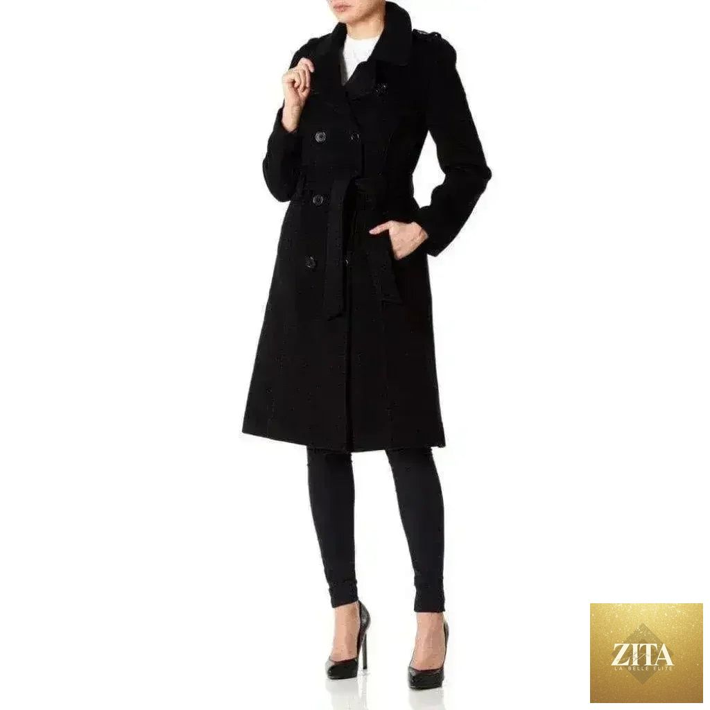 Women’s wool and cashmere blend military coat by Femstylo, British-made jacket with structured collar and button details.