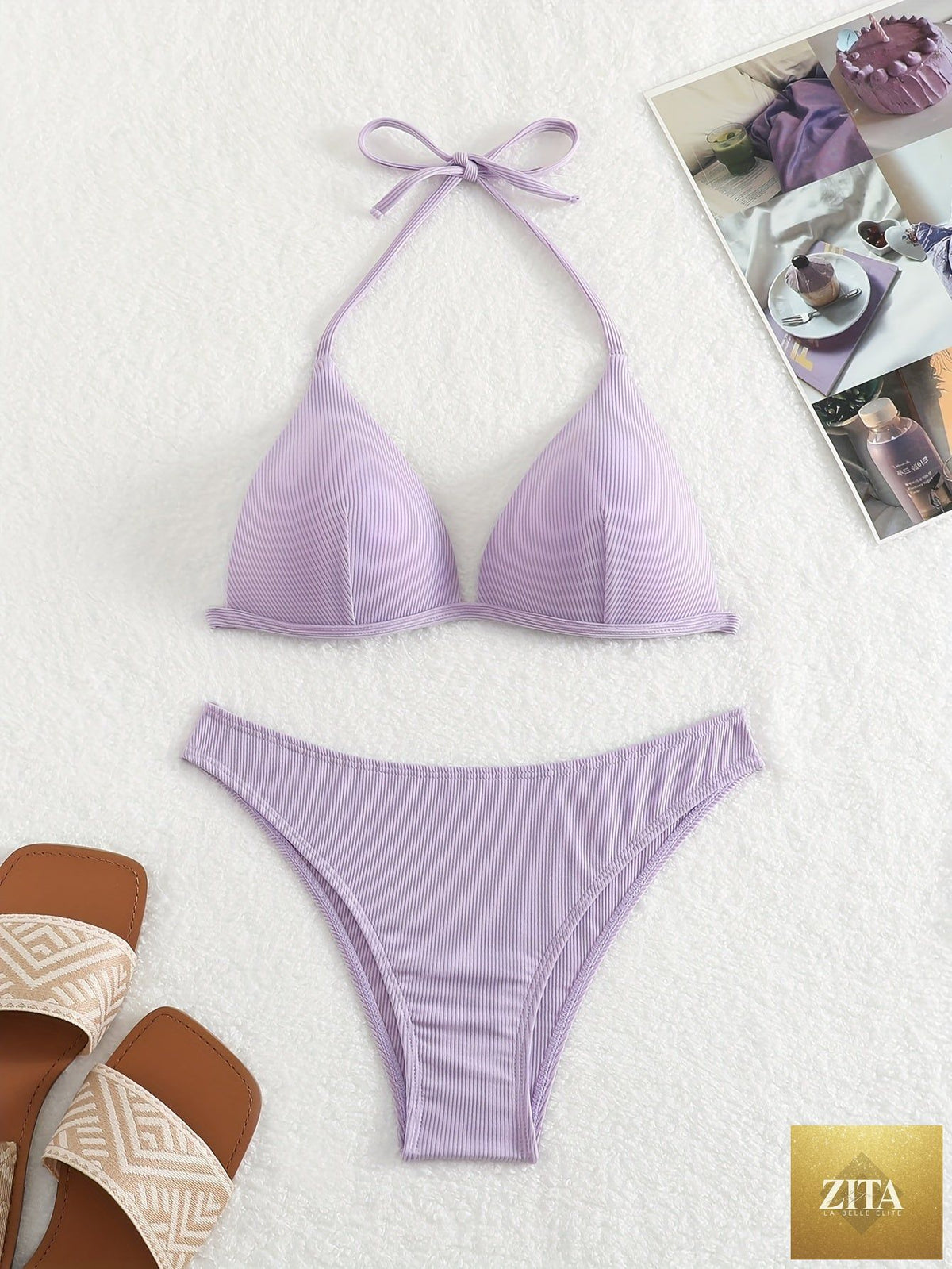 Stevvex rib knit solid color triangle bikini set for women with adjustable tie back and spaghetti straps, perfect for summer beach and pool.