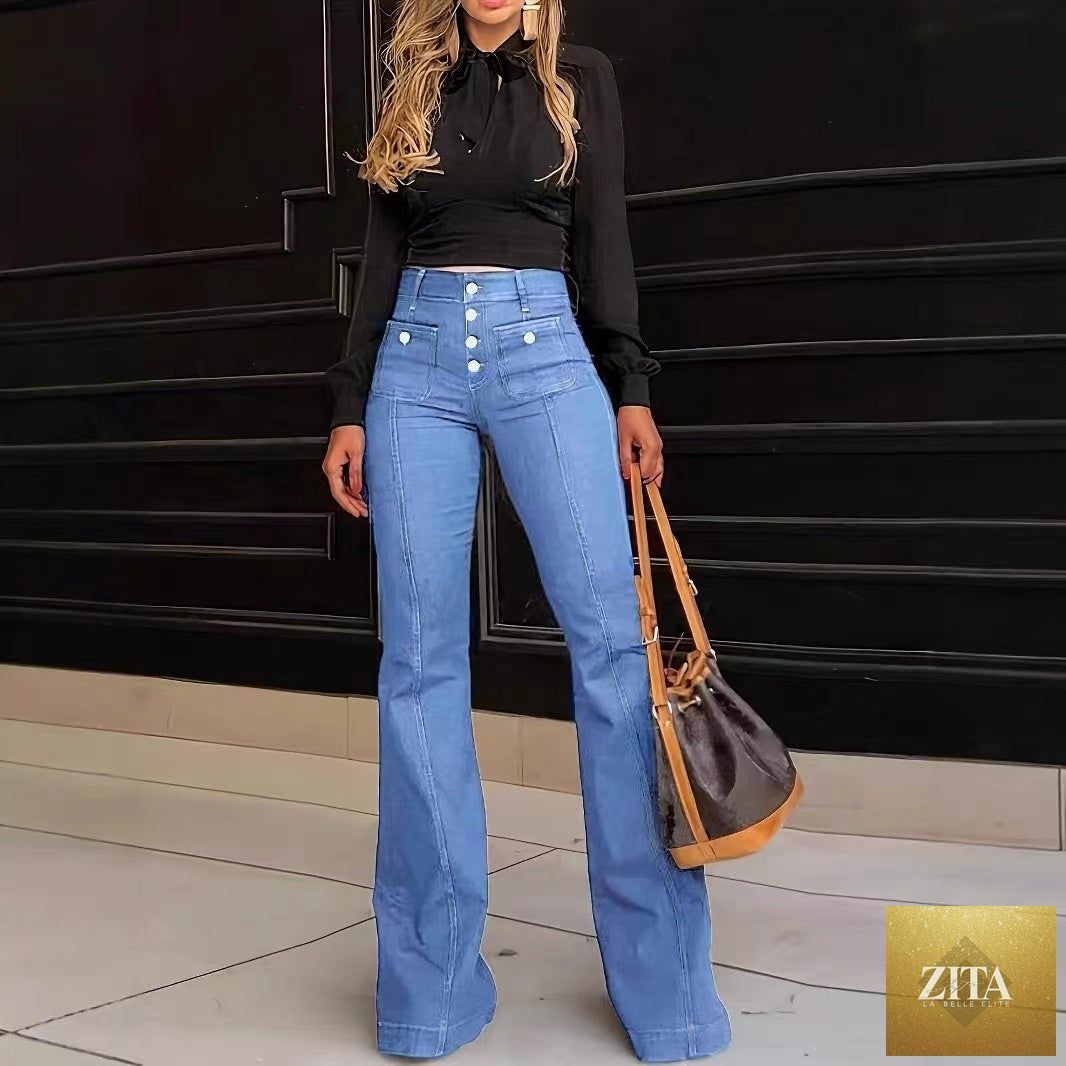 Women's patchwork slim fit flared jeans by Zita La Belle Elite, showcasing stretch denim with a stylish patchwork design.
