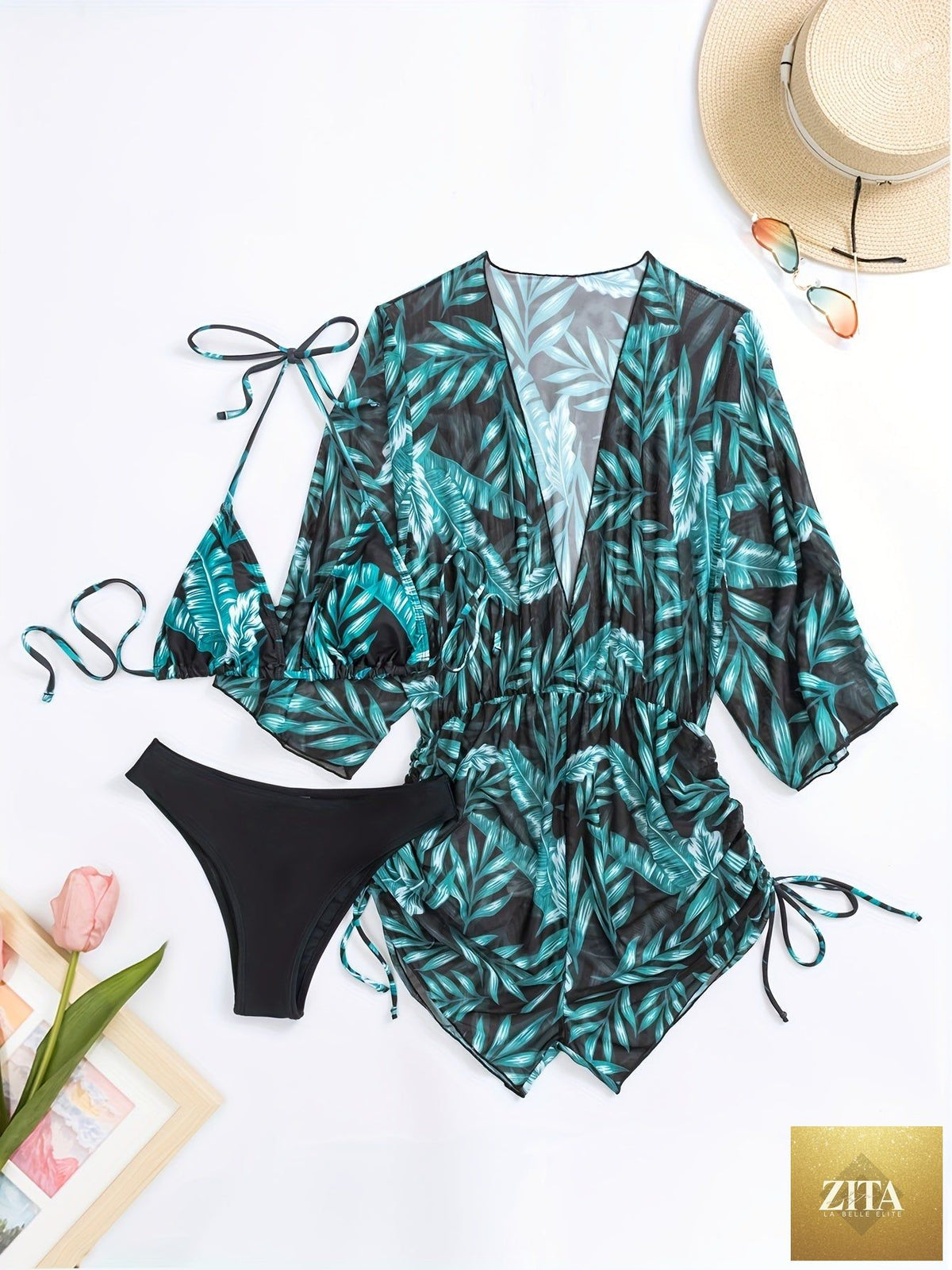 Stevvex Island Bloom 3-piece bikini set for women with tropical leaf print, high waist bottoms, halter top, and matching cover-up.