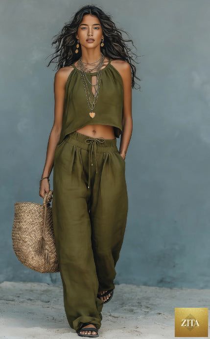Women's linen blend sleeveless tank top and wide-leg pants set, casual summer two-piece by FitiqueFit, shown in neutral tones.