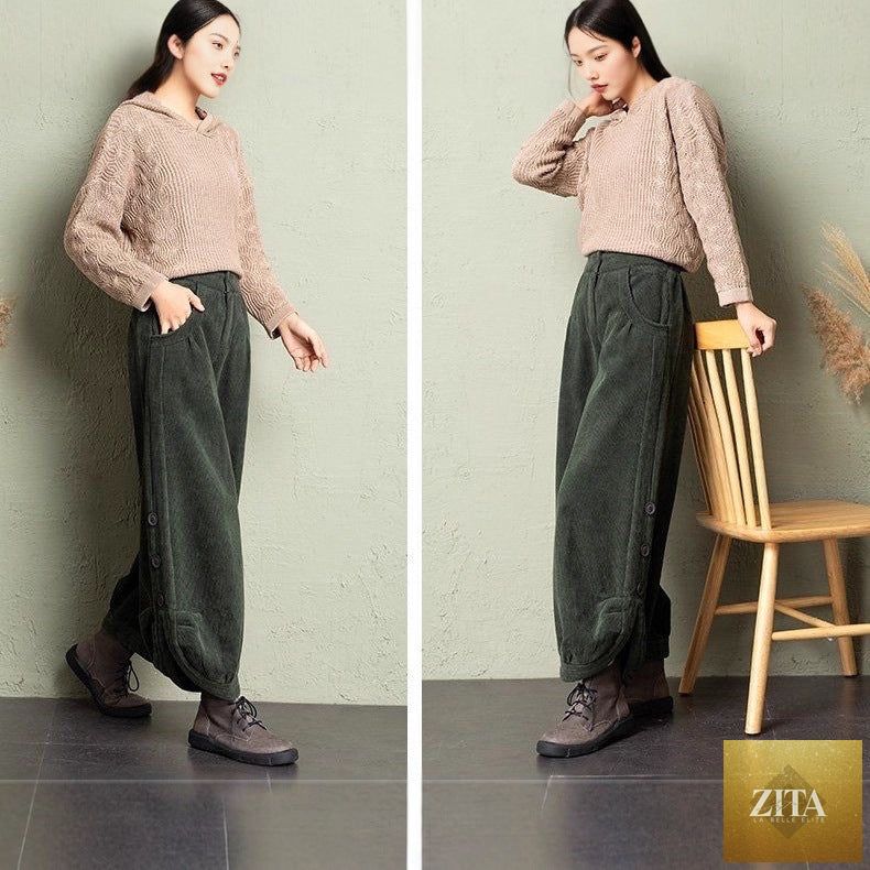 Zita La Belle Elite corduroy wide-leg pants with lace-up detail, featuring a trendy street style design and relaxed fit.