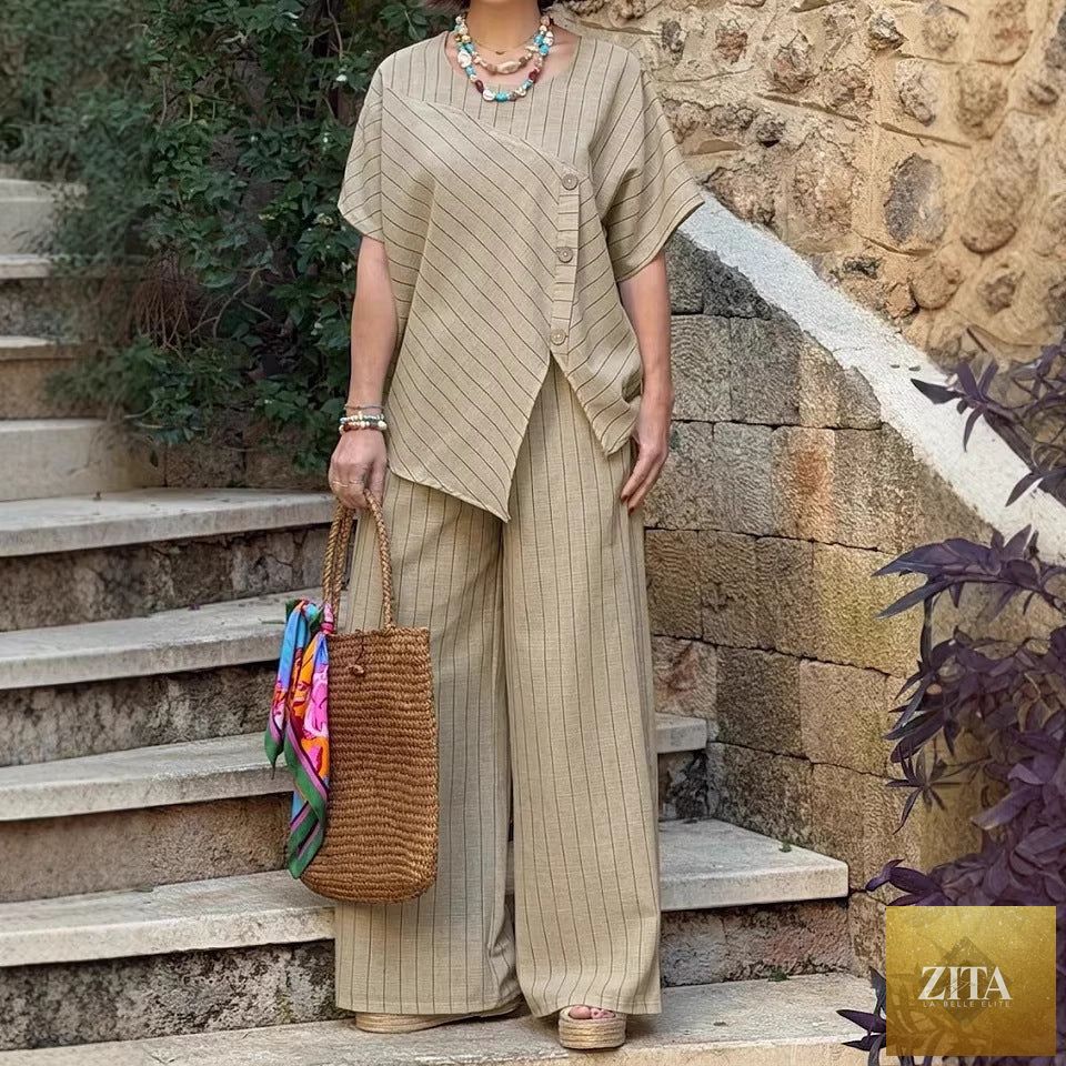 Zita La Belle Elite striped shirt and loose pants set, casualwear, with three-quarter sleeves, stylish two-piece outfit.