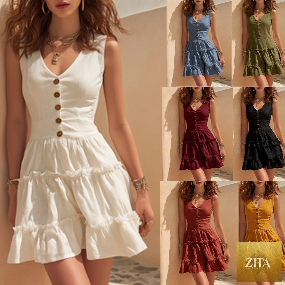 Women's sleeveless linen button-up midi dress by Zita La Belle Elite, featuring a casual, breezy design perfect for warm weather.