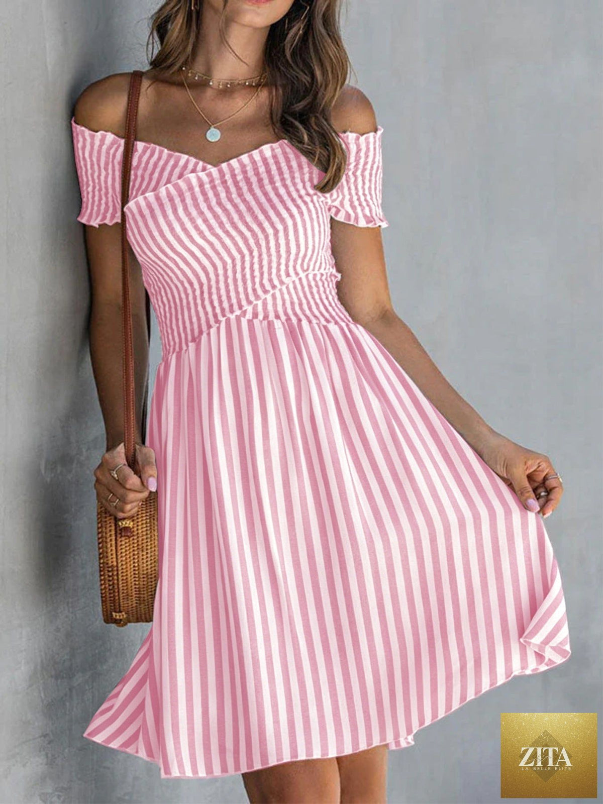 Women's off-shoulder striped waist-cinching midi dress by Zita La Belle Elite, casualwear style, shown on model.