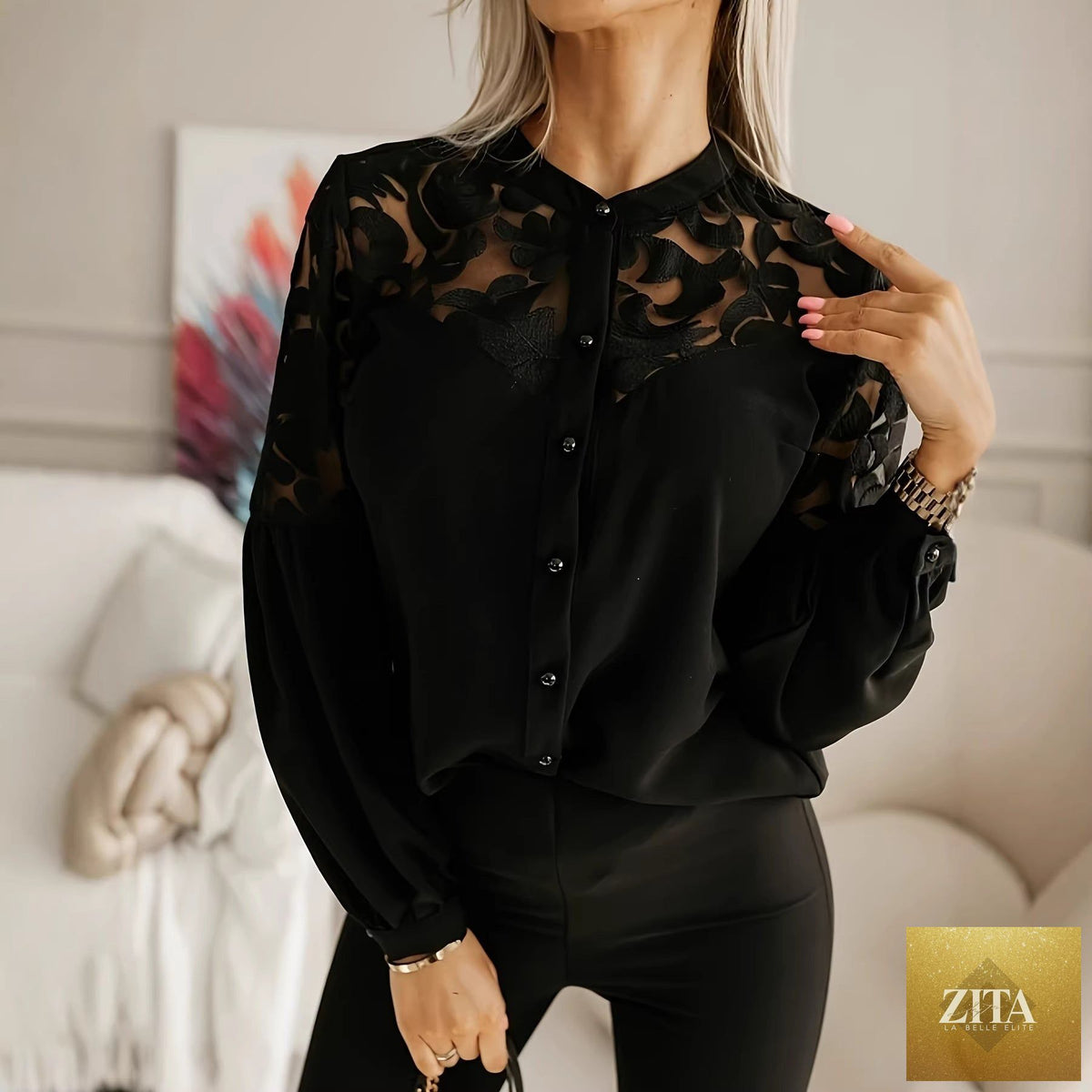 Elegant solid-color casual long-sleeve shirt with hollow-out design, stylish and comfortable for everyday wear.
