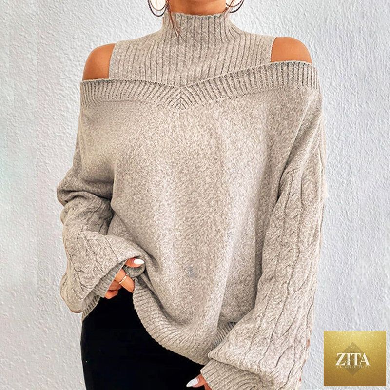 Women's cold shoulder sweater with high neck and cut-out details, long sleeves, casual FitiqueFit pullover in soft knit fabric.