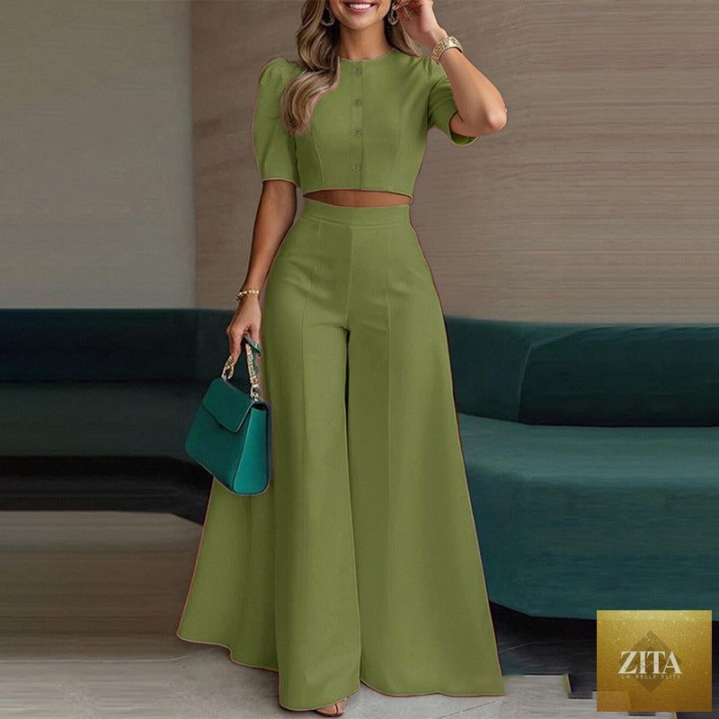 Printed top and trousers two-piece suit by FitiqueFit, featuring a stylish coordinated set with vibrant patterns and comfortable fit.