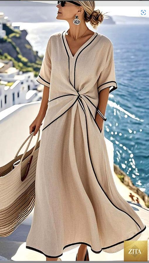 Zita La Belle Elite striped print maxi dress with short sleeves, perfect for beach vacation, flowing and stylish summer dress.