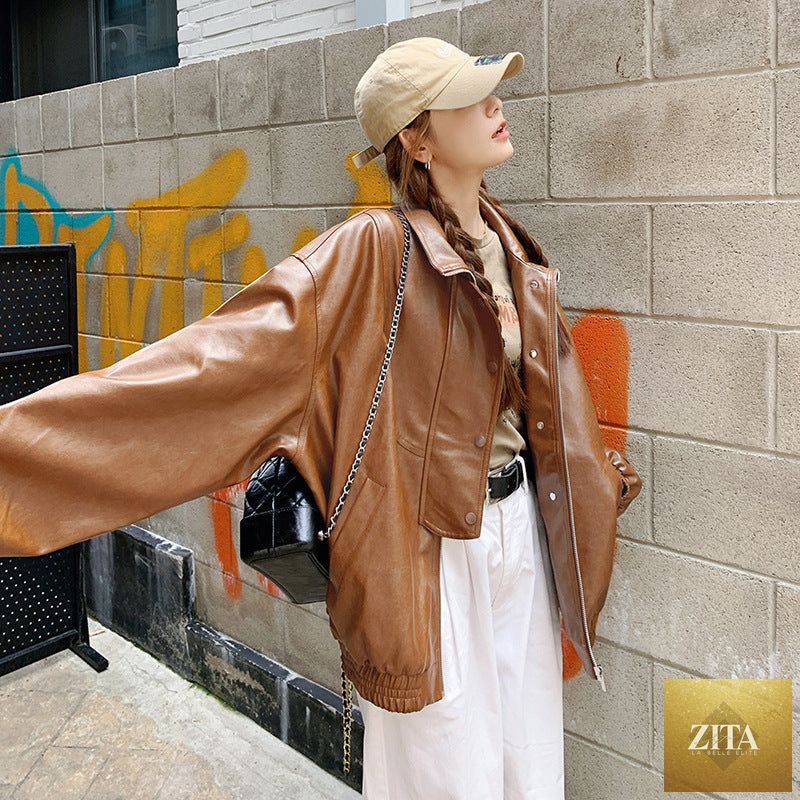 High-grade casual leather motorcycle jacket from LadyShow.Store, featuring a classic design with a front zipper and stylish details.