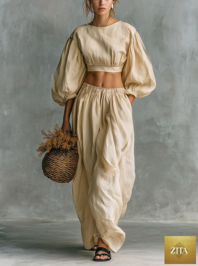 Women's puff-sleeve crew-neck two-piece casualwear set with pockets by Zita La Belle Elite, shown in a stylish and comfortable fit.