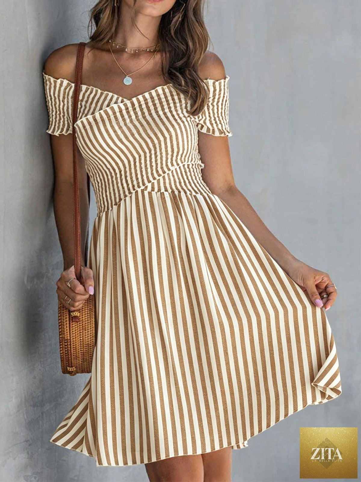 Women's off-shoulder striped waist-cinching midi dress by Zita La Belle Elite, featuring a casual, stylish design with a fitted silhouette.