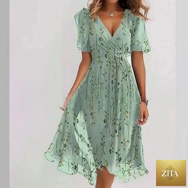Floral print FitiqueFit A-line V-neck short sleeve midi dress displayed on a hanger with a white background.