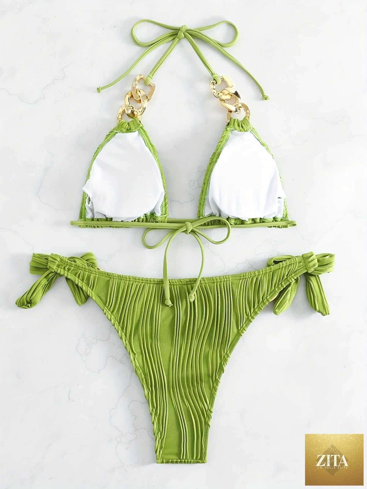 Striped golden chain bikini set for women featuring ruched texture, triangle top, bow tie sides, and elegant ring link detail.