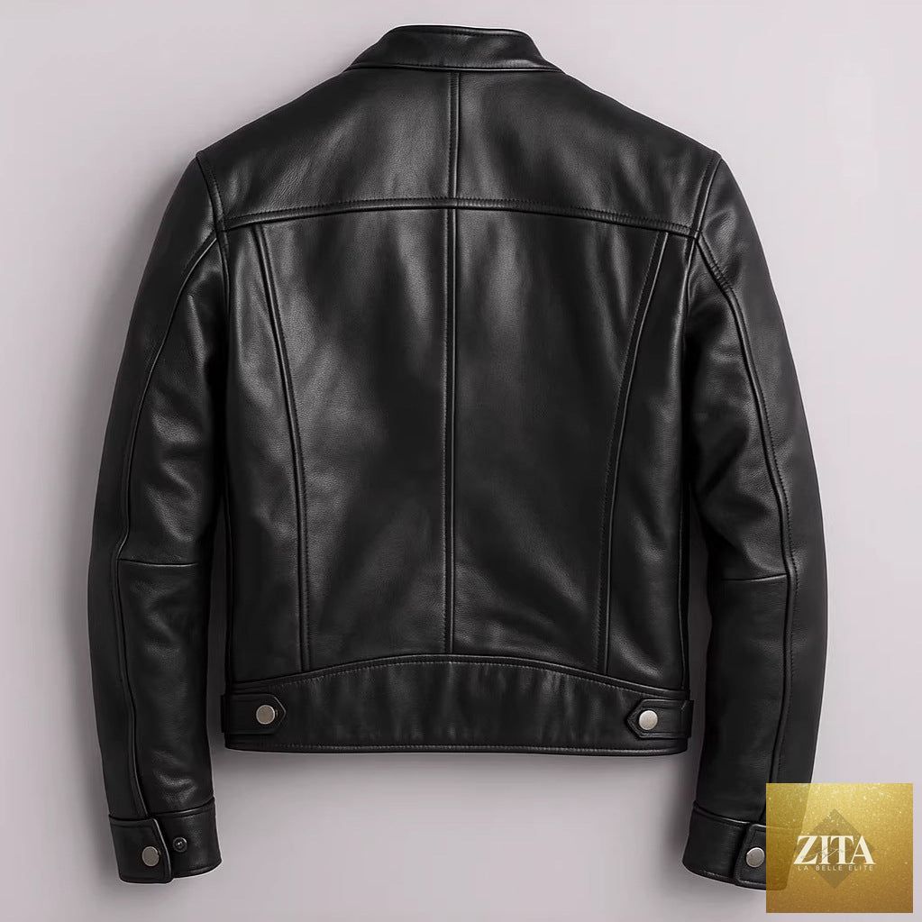 Mandotos men's PU leather motorcycle jacket with stand-up collar, featuring a sleek design and zippered front for a stylish look.