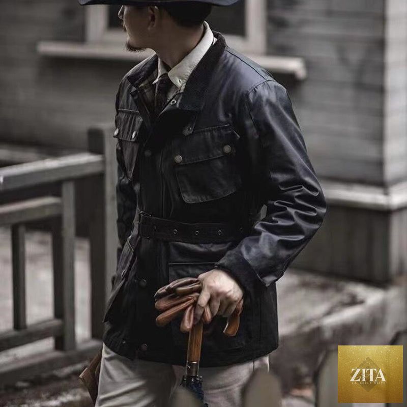 Men's retro oil wax trench coat, waterproof biker-style jacket with a classic design, by Social Buzz eSIMs.