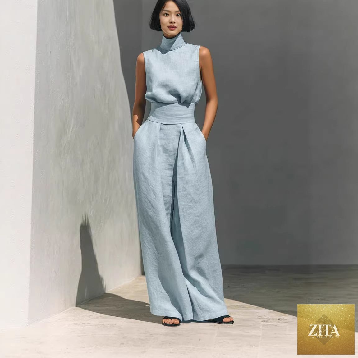 Casual sleeveless summer suit with stand-up collar pullover top and loose straight-leg trousers for women, stylish and comfortable.