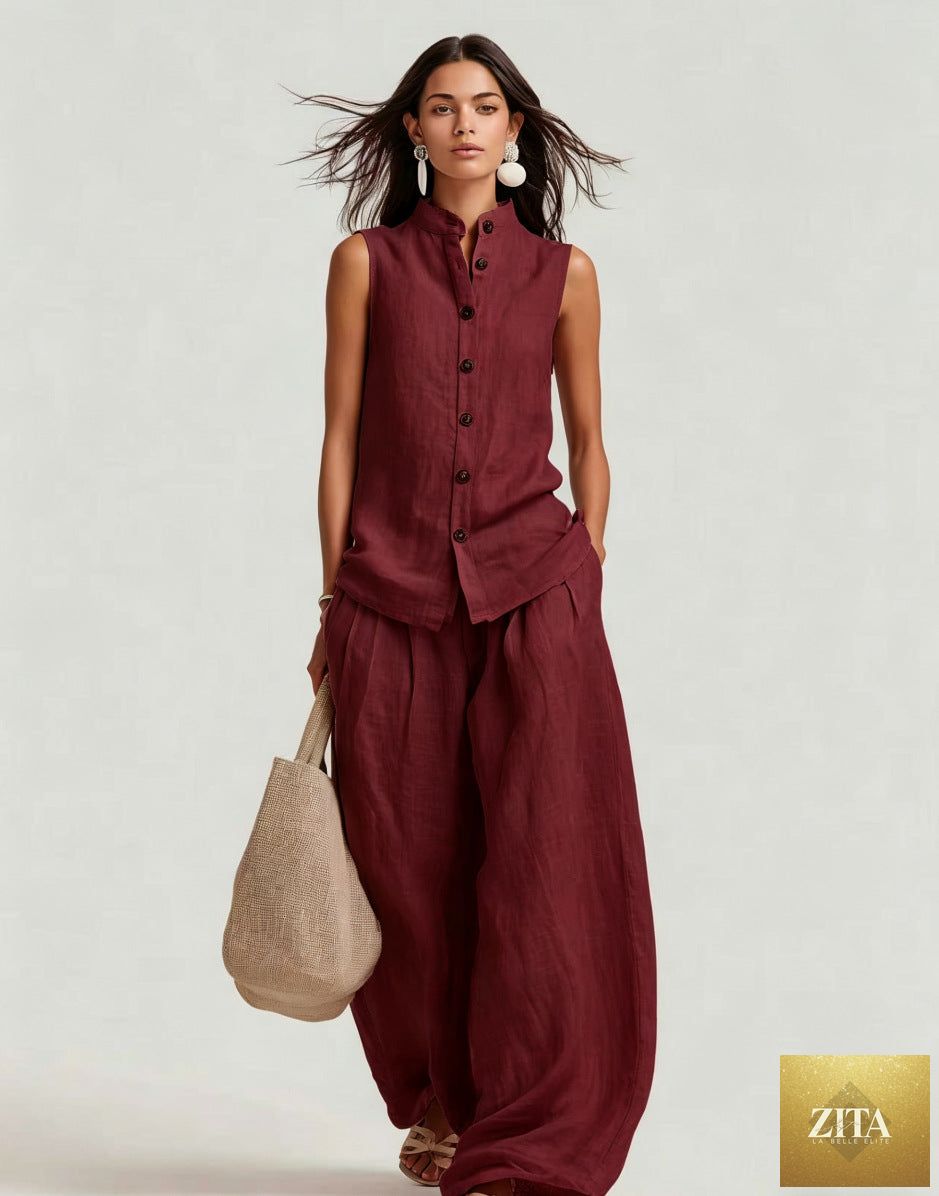 Zita La Belle Elite women's casual sleeveless top with stand collar and high-waist wide-leg pants set, stylish and comfortable outfit.