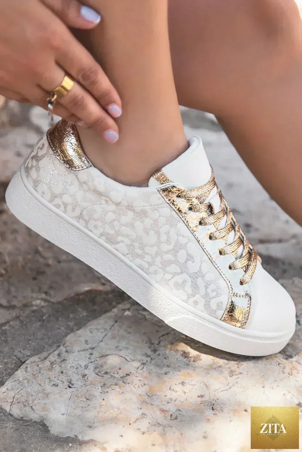 Leopard print Femstylo sneakers with white PVC/PU lace-up design, stylish streetwear kicks with bold animal print pattern.