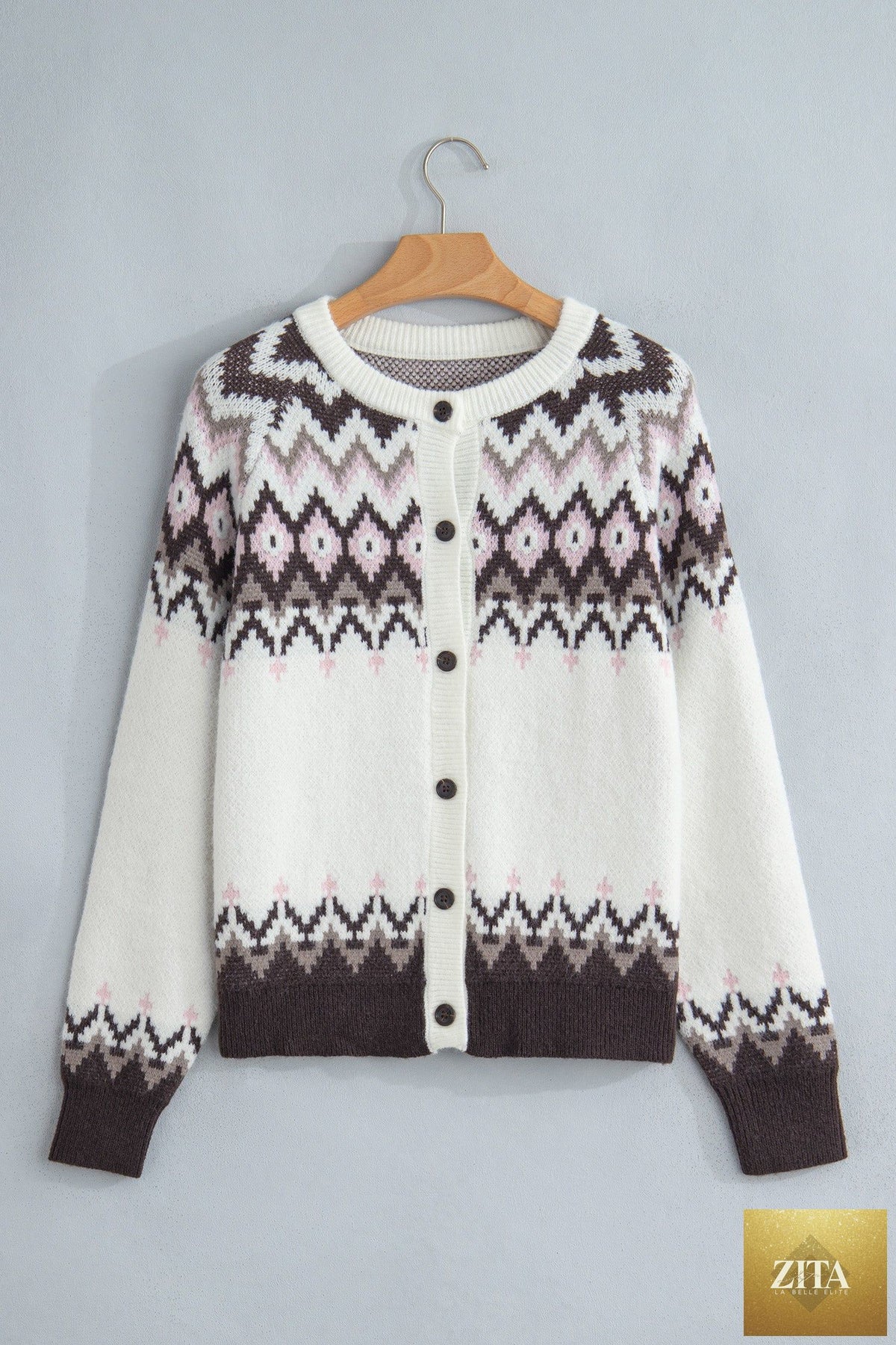 Pretty Bash geometric fair isle brushed knit cardigan with buttons, featuring colorful pattern and cozy texture.