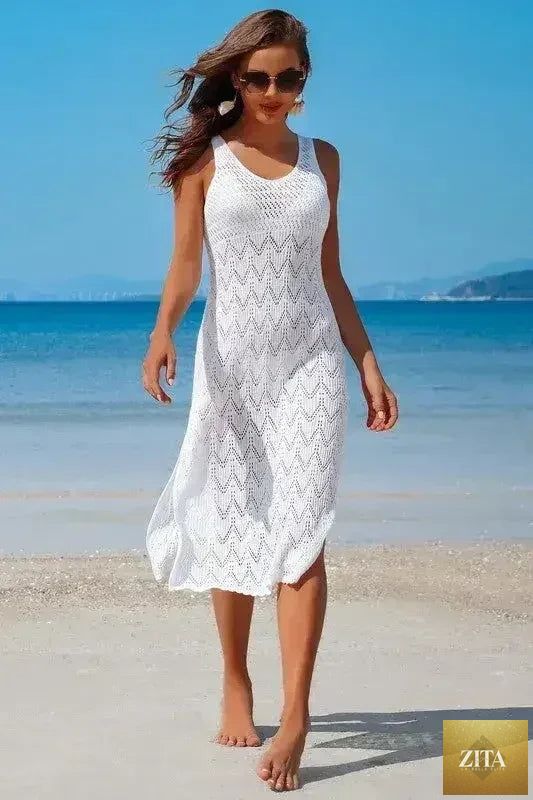 Femstylo crochet beach coverup dress featuring a high split maxi design and U-neck, perfect for summer beachwear.