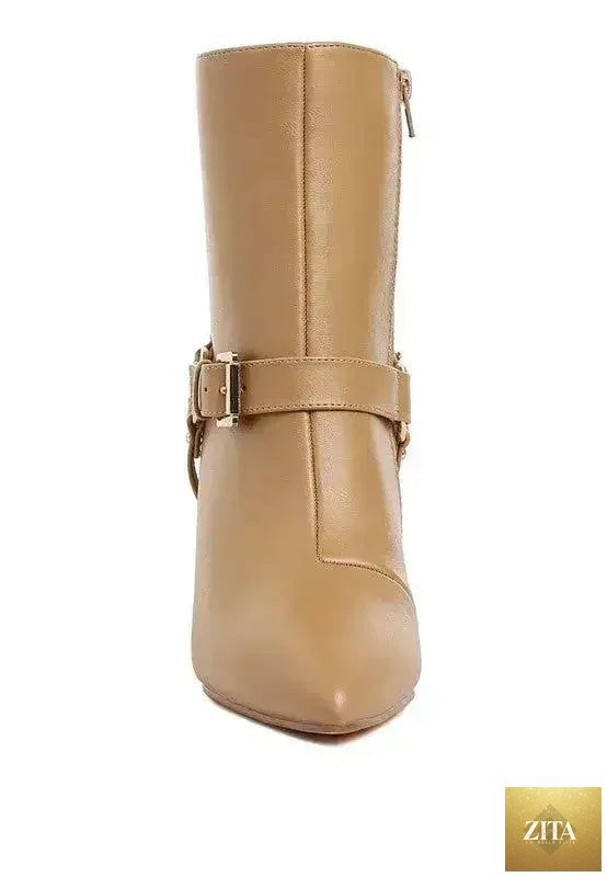 Femstylo buckle harness stiletto boots with 3-inch heel, stylish footwear featuring a buckled strap design and pointed toe.