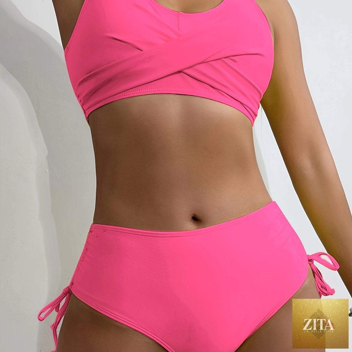 Stevvex bikini set featuring a twist front V-neck top and high waist bottoms in solid color, perfect for beach and poolside fun.