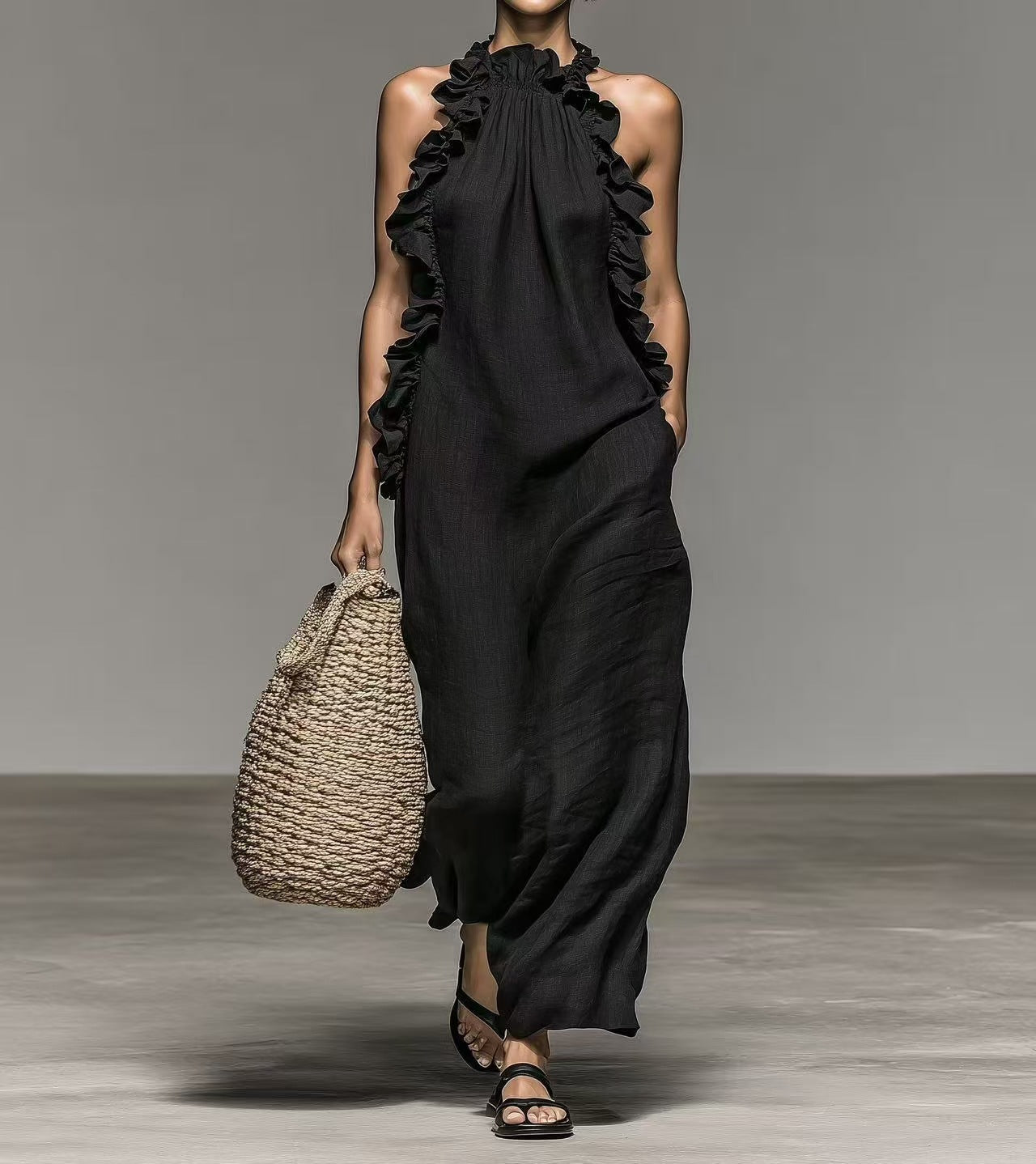 Flowy FitiqueFit halter neck sleeveless casual dress with ruffles and pockets, loose fit perfect for warm weather.