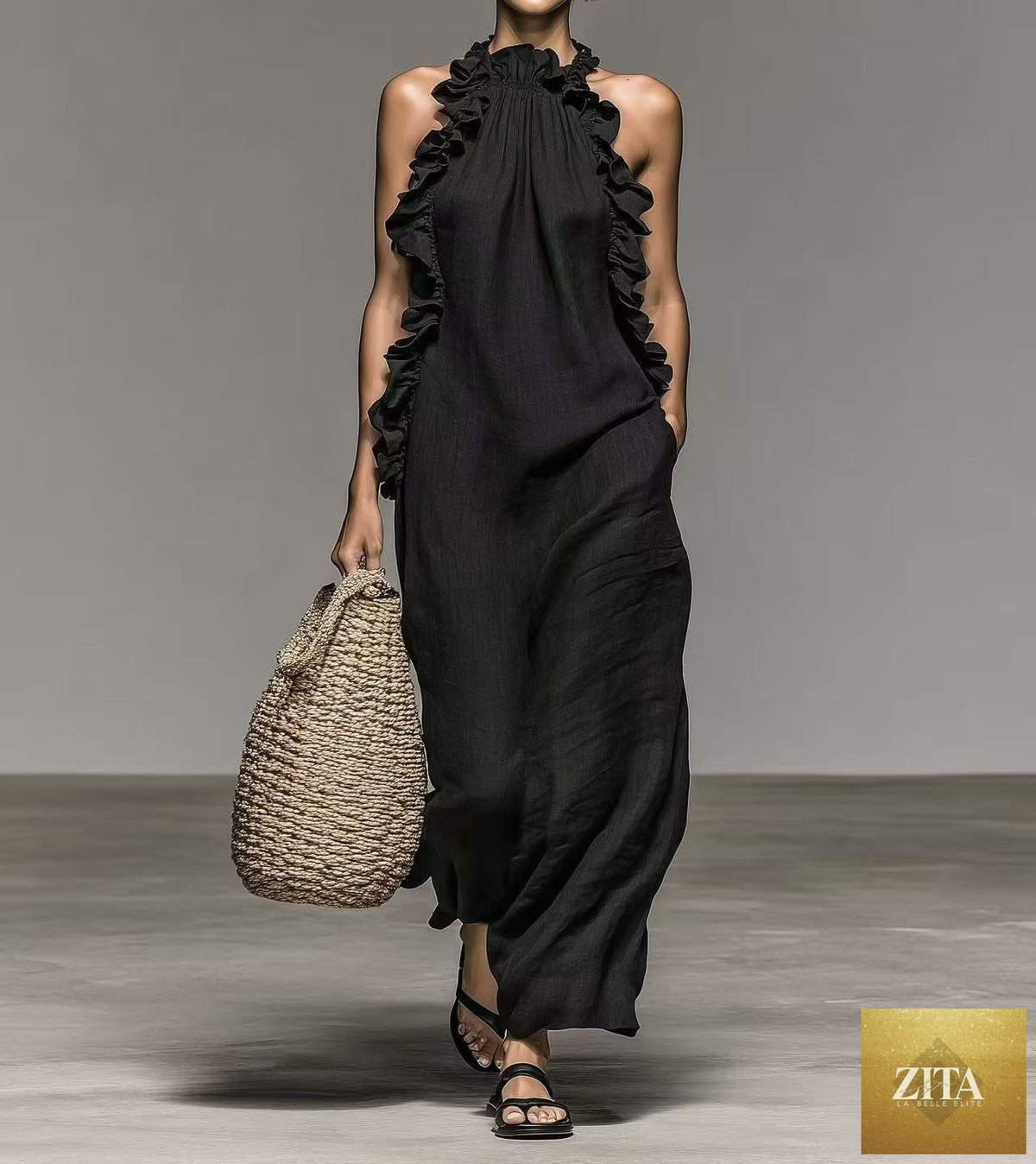 Flowy FitiqueFit halter neck sleeveless casual dress with ruffles, loose fit, and pockets, ideal for warm weather wear.