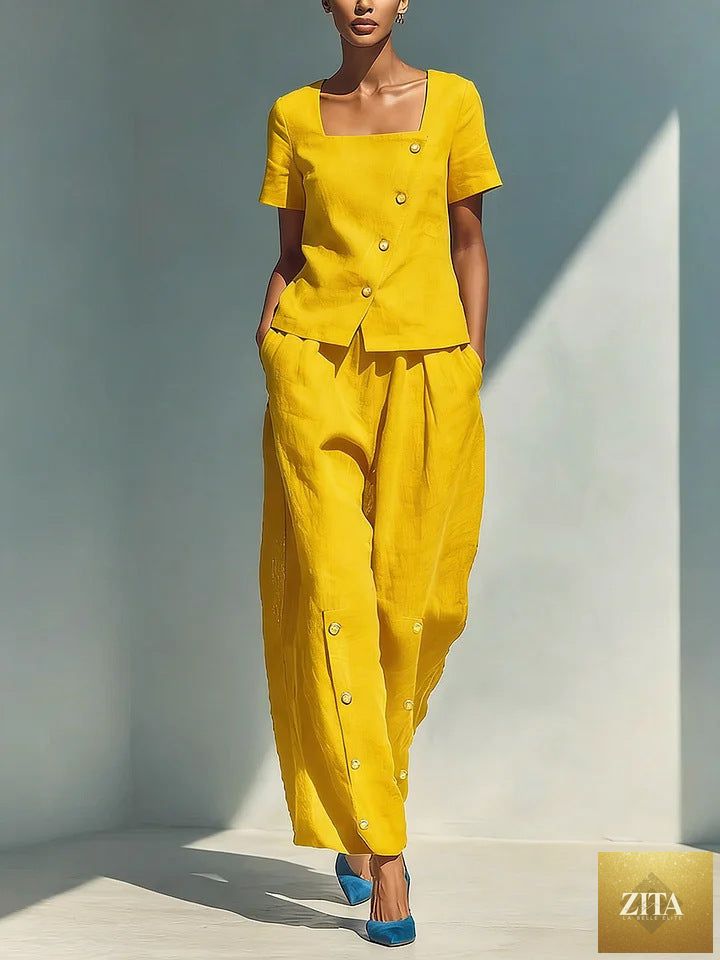 Plus size women's casualwear set with loose short-sleeve top and high-waist pants by Zita La Belle Elite, styled for comfort.