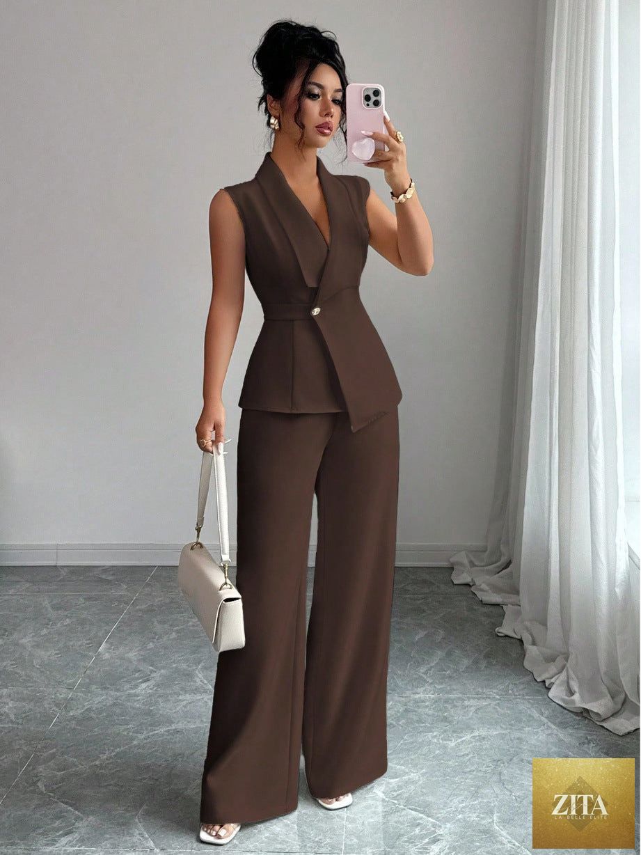 Women's MERIDGE peplum sleeveless blazer and wide-leg pants two-piece set, featuring a fitted blazer and flowy pants in a stylish ensemble.