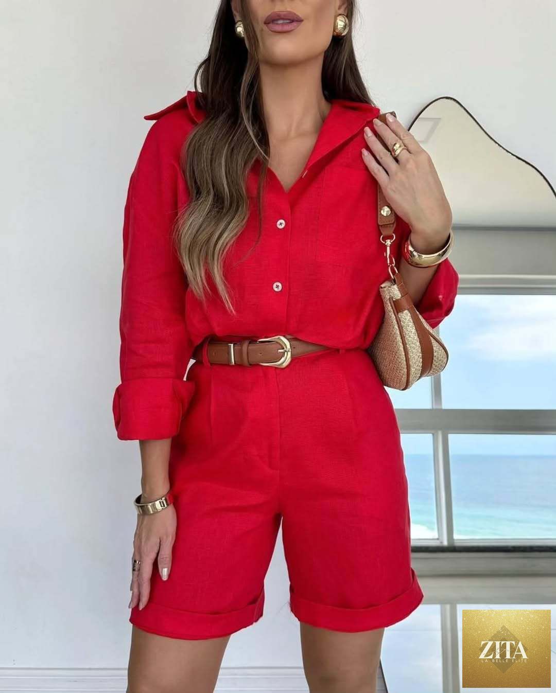Women's casual cotton long-sleeve shirt and shorts set by Zita La Belle Elite, featuring relaxed fit and comfortable fabric.